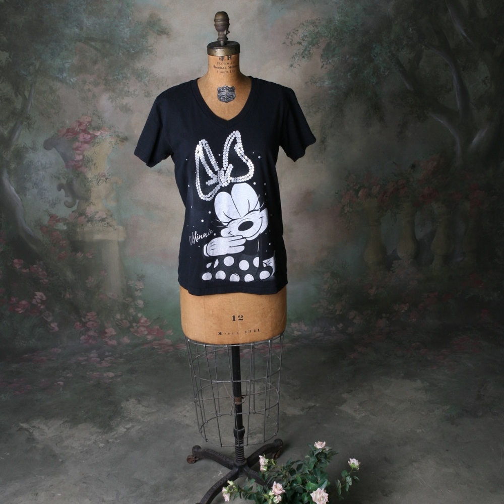 Disney Store Minnie Mouse V-neck T Black Sz Lg - Picture 6 of 7